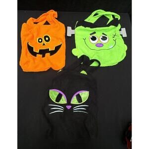 3 Vtg Dan Dee Trick Or Treat Bags Fluffy Handles Super Cute! Cat Pumpkin Frank